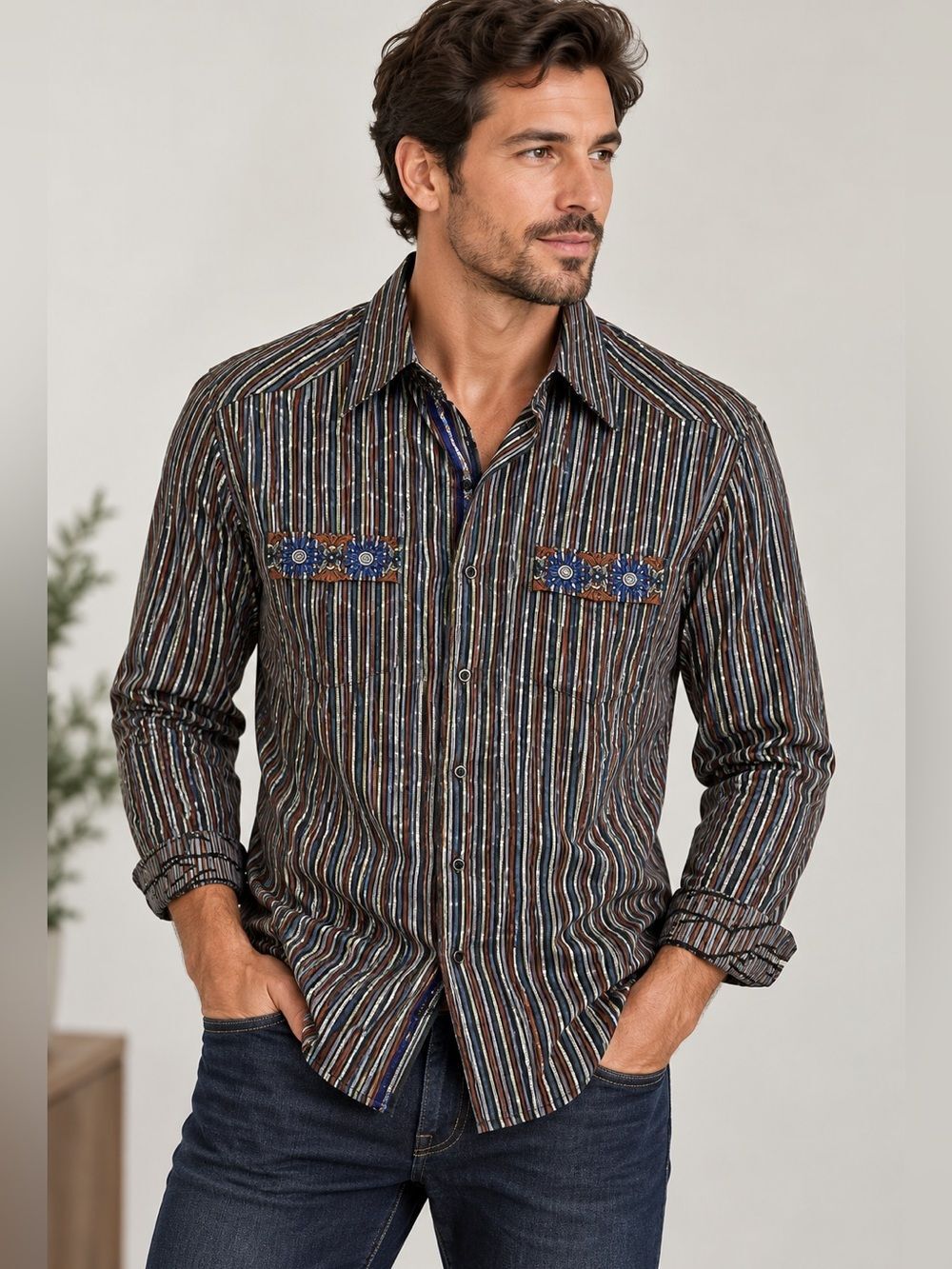 Robert Graham Men’s Striped Embroidered 100% Cotton Button Down Shirt Size M